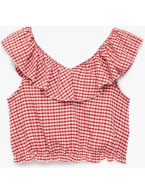 Koton Fırfırlı Kolsuz Düşük Omuz Ekoseli Crop Bluz