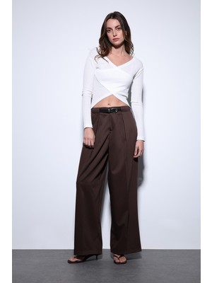 Antioch Kahve Pileli Geniş Kadın Pantolon
