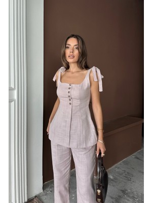 Sidelya Concept Şantuk Keten Yelek Görünümlüaskılı Bluz - Pantolon Tk - Lila