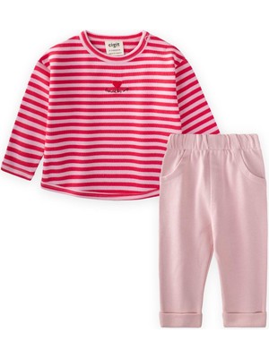 Cigit Çizgili Triko Kız Bebek Takım 0-3 Yaş Pudra Mercan Çizgili