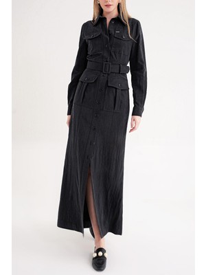 Societa Siyah Cep detaylı uzun gömlek elbise 94587