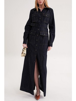 Societa Lacivert Cep detaylı uzun gömlek elbise 94587