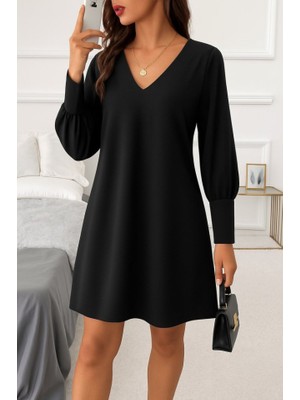 Sidelya Concept Kadın Uzun Kollu V Yakalı Kısa Ithal Krep Elbise