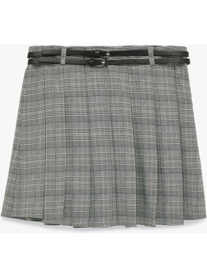 Koton Kalın Pileli Kemer Detaylı Ekoseli Mini Etek