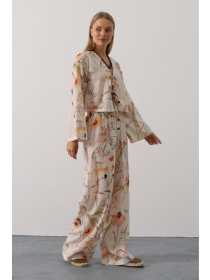 Sidelya Concept Çiçek Desen Önü Bağlamalı Pantolon Takım - Taş
