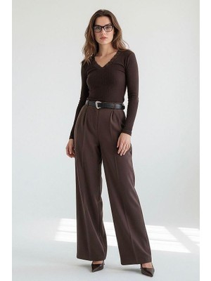 Madmext Kahverengi Yüksek Bel Pileli Kemerli Geniş Paça Kadın Pantolon MG2615