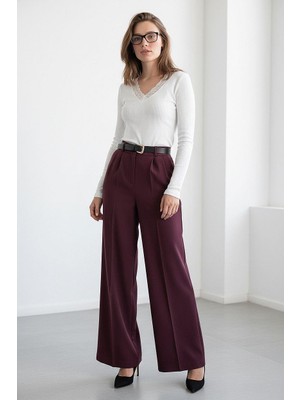 Madmext Mürdüm Yüksek Bel Pileli Kemerli Geniş Paça Kadın Pantolon MG2615