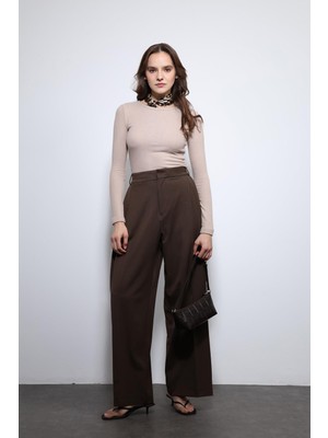 Antioch Koyu Kahve Pileli Palazzo Kadın Pantolon