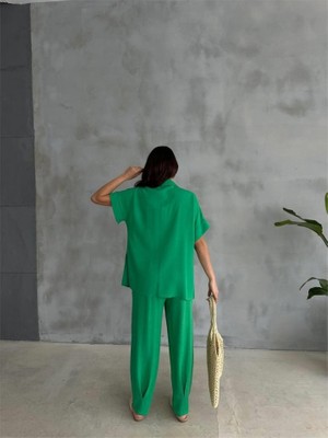 Sidelya Concept Omuz Midye Sıralı Bluz - Paça Pensli Pantolon Takım - Yeşil
