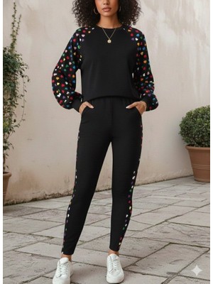 Sidelya Concept Kadın Uzun Kollu Bisiklet Yaka Desenli Viskon Iki Iplik Bluz ve Pantolon Ikili Takım