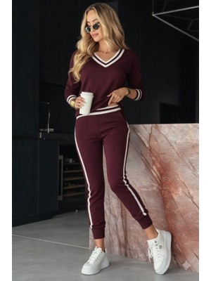 Sidelya Concept Kadın Uzun Kollu V Yakalı Ribanalı Viskon Iki Iplik Bluz ve Pantolon Ikili Takım