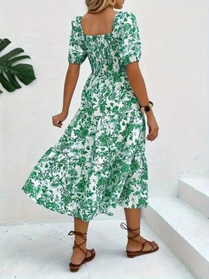 Sidelya Concept Kadın Kısa Kollu Kare Yakalı Lastikli Desenli Süprem Elbise