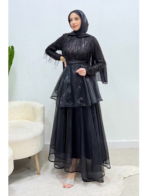 Tesettür Diyarı Alvera Payet Püsküllü Tül Tesettür Abiye- Siyah