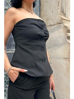 Sidelya Concept Siyah Straplez Düğmeli Crop ve Pantolon Takım