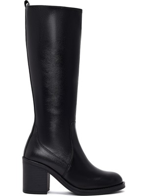 Derimod Kadın Siyah Fermuarlı Kalın Topuklu Deri Çizme 25WFD511918