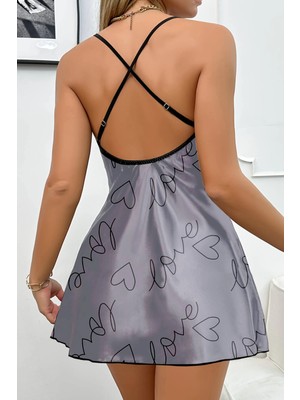 Leyna Gcm Love Baskılı Gri Saten Gecelik