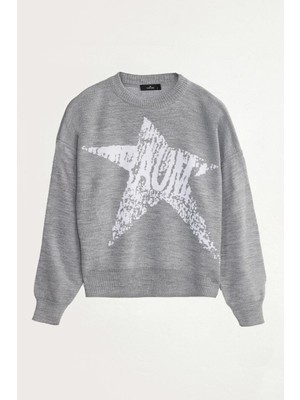 Tudors Kadın Oversize Geniş Kesim Örme Detaylı Baskılı Bisiklet Yaka Gri Kazak