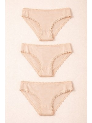 Kadın 3'lü Dantelli Basic Slip Külot Ten