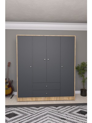 Mirobi Hedamis 4 Kapaklı Gardrop 2 Çekmeceli 10 Raflı Geniş Dekoratif Gardırop Çam-Antrasit