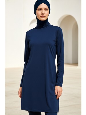 Marina Tam Kapalı Tesettür Mayo Lacivert, Esnek Likralı Kumaş, İçten Bağlamalı Set 1969