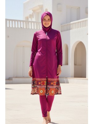 Marina Mürdüm Tam Kapalı Tesettür Mayo, Fermuarlı, Bel Stoperli, Hızlı Kuruyan Set 1982