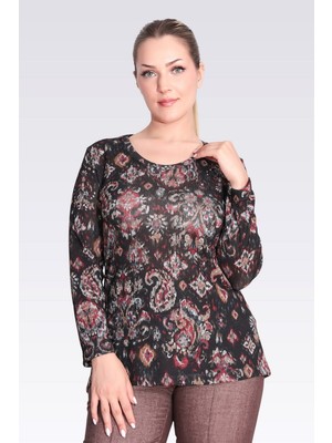 Tolga Saraçoglu 10738 Siyah Yuvarlak Yaka Desenli Triko Bluz