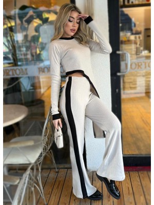 Sidelya Concept Kadın Uzun Kollu Bisiklet Yaka Asimetrik Kesim Bluz Şardonlu Kaşkorse Bluz ve Pantolon Ikili Takım