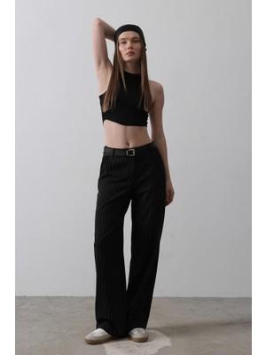 Sidelya Concept Kemerli Palazzo Pantolon - Siyah-Beyaz