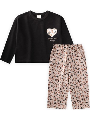 Cigit Uzun Kollu Desenli Yüksek Bel Pantolonlu Takım 2-8 Yaş Siyah