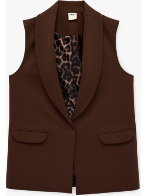 Koton Astarı Leopar Desenli Cepli Uzun Blazer Yelek