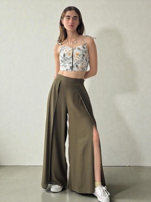 Retrobird Yırtmaç Detaylı Haki Wide-Leg Kadın Pantolon Etek