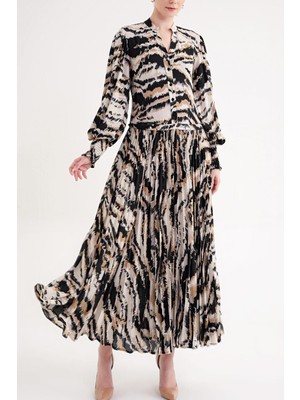 Societa Zebra Desen Pilise detaylı bol kesim uzun elbise 94616