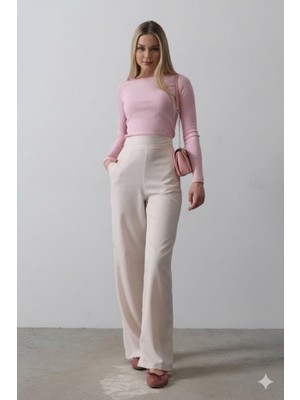 Sidelya Concept Beli Yarım Lastikli Palazzo Pantolon - Pudra