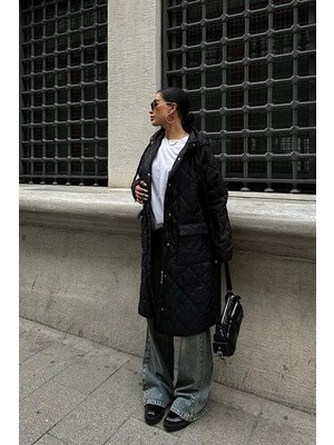 Sidelya Concept Fermuar ve Kapşonlu Uzun Kapitone Mont 7062