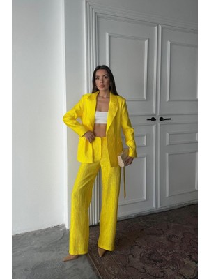 Sidelya Concept Neon Beli Kuşaklı Ceket ve Pantolon Parlak Takım