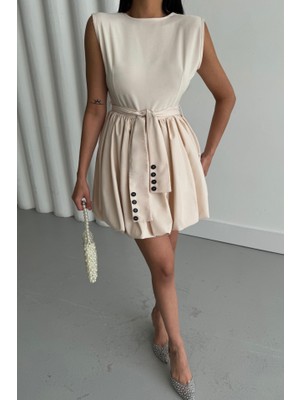 Sidelya Concept Balon Etekli Tasarım Kısa Elbise - Bej