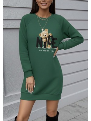 Sidelya Concept Kadın Uzun Kollu Bisiklet Yaka Ayı Desenli Viskon Iki Iplik Elbise