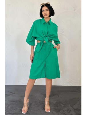 Sidelya Concept Yeşil Kısa Kollu Keten Gömlek ve Şort Takım