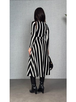 Sidelya Concept Kadın Uzun Kollu Kruvaze Yaka Kemer Dahil Çizgili Triko Elbise