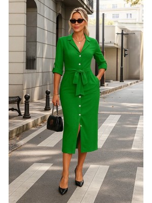 Sidelya Concept Kadın Uzun Kollu Önden Düğmeli Beli Kuşaklı Aerobin Midi Elbise