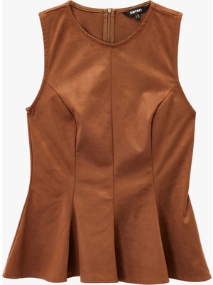 Koton Slim Fit Kolsuz Peplum Kesim Pileli Suni Süet Bluz