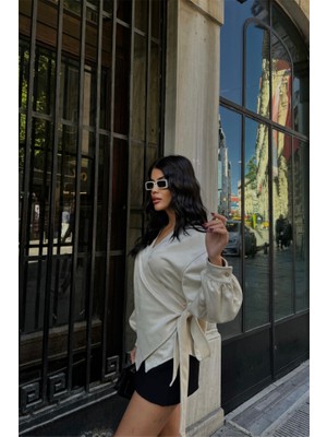 Sidelya Concept Süet Kruvaze Bluz Bağlama Detaylı - Taş