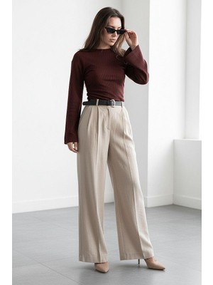 Madmext Vizon Yüksek Bel Pileli Kemerli Geniş Paça Kadın Pantolon MG2615