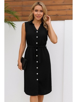 Sidelya Concept Kadın Sıfır Kollu Hakim Yaka Önden Düğmeli Belden Kuşaklı Ithal Keten Elbise