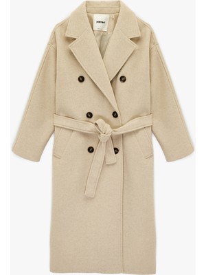 Koton Uzun Kollu Düğmeli Cepli Kruvaze Uzun Kemerli Kaşe Kaban