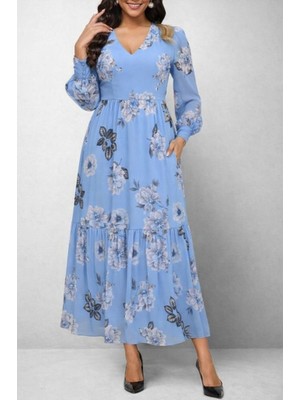 Sidelya Concept Kadın Uzun Kollu V Yakalı Çiçek Desenli Maxi Süprem Elbise