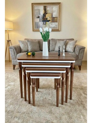 4lü Ceviz Beyaz Lüx Mdf Ahşap Zigon Sehpa Gürgen Ağaç Ayak Bella Vetro