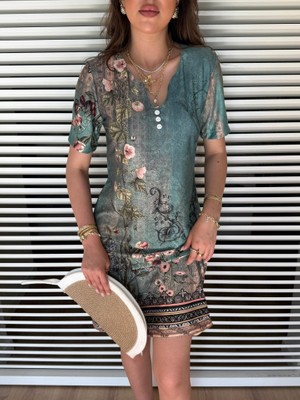 Sidelya Concept Kadın Kısa Kollu V Yakalı Çiçek Baskılı Midi Süprem Elbise