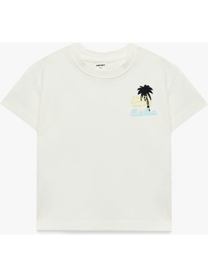 Koton Palmiyeli Nakışlı Kısa Kollu Bisiklet Yaka Pamuklu Oversize Tişört