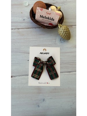 MELOKİDS Ekose Desen Yılbaşı Temalı Özel Tasarım Kurdele Saç Tokası